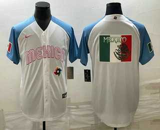 Men%27s Mexico Big Logo 2023 White Blue World Classic Stitched Jersey
